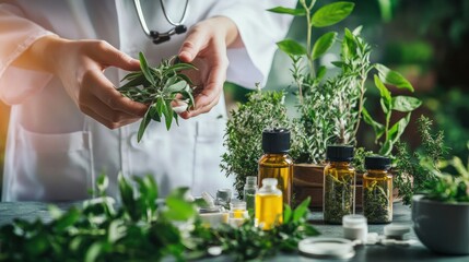 Alternative medicine in healthcare, close-up of a doctor, focus on herbs and natural remedies, serene background