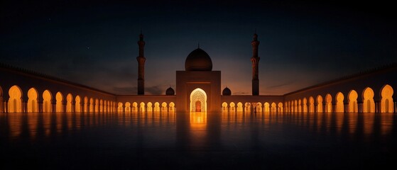 Fototapeta premium A stunning mosque illuminated at dusk, showcasing intricate architecture and a serene ambiance perfect for reflection.