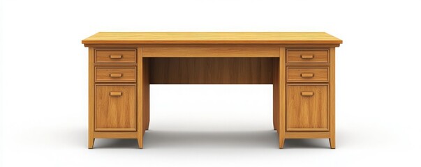 A stylish wooden desk with multiple drawers, perfect for home or office use, offering ample workspace and elegant design.