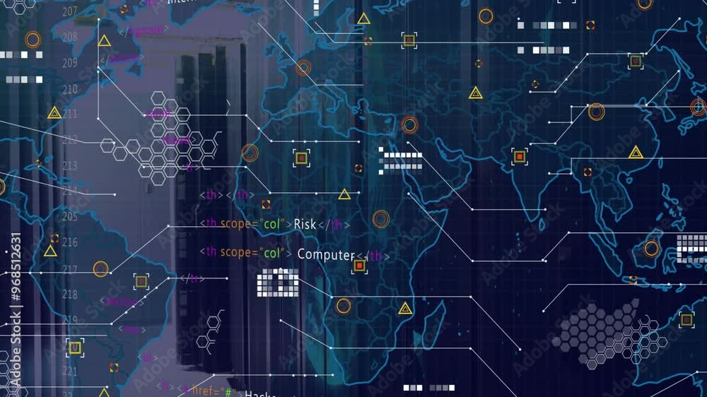 Poster animation of data processing and world map over server room