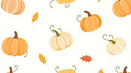 Autumn Pumpkin and Leaf Pattern on White Background