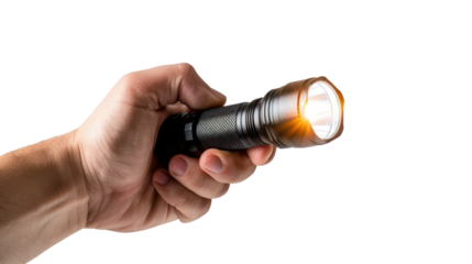 Hand holding flashlight on transparent background