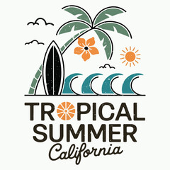 Surfing club. California surf. Big wave. Beach Paradise Print t shirt graphics design, typography slogan on palm trees background. Summer beach vibes. Beach summer time vintage print design artwork.