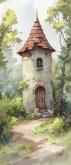 Fototapeta premium A whimsical tower nestled in a lush forest, surrounded by greenery and soft light, inviting imagination and adventure.