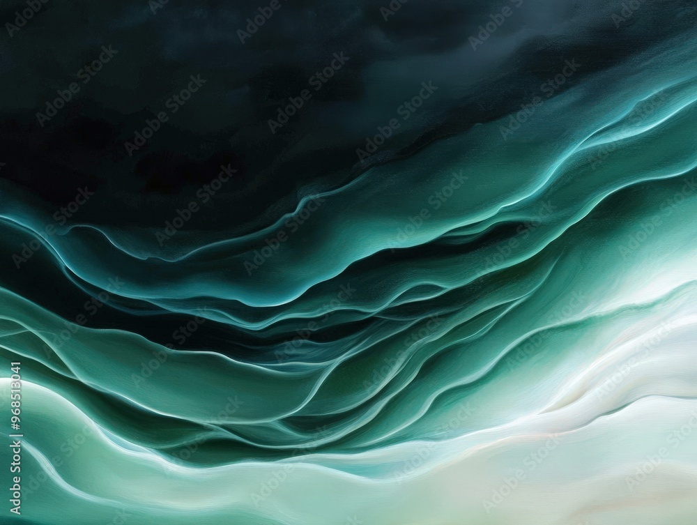 Poster an abstract composition featuring flowing waves in various shades of teal, blending seamlessly into 