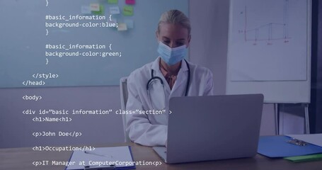 Animation of data processing over caucasian female doctor using laptop - Powered by Adobe