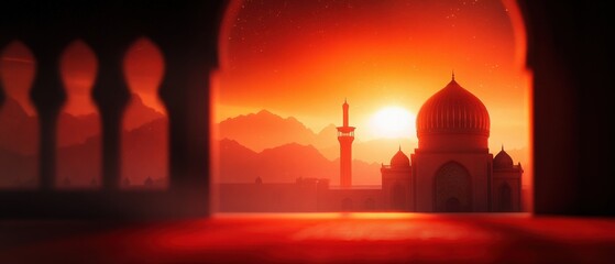 Breathtaking sunset view behind a majestic mosque silhouette, showcasing vibrant colors and architectural beauty.