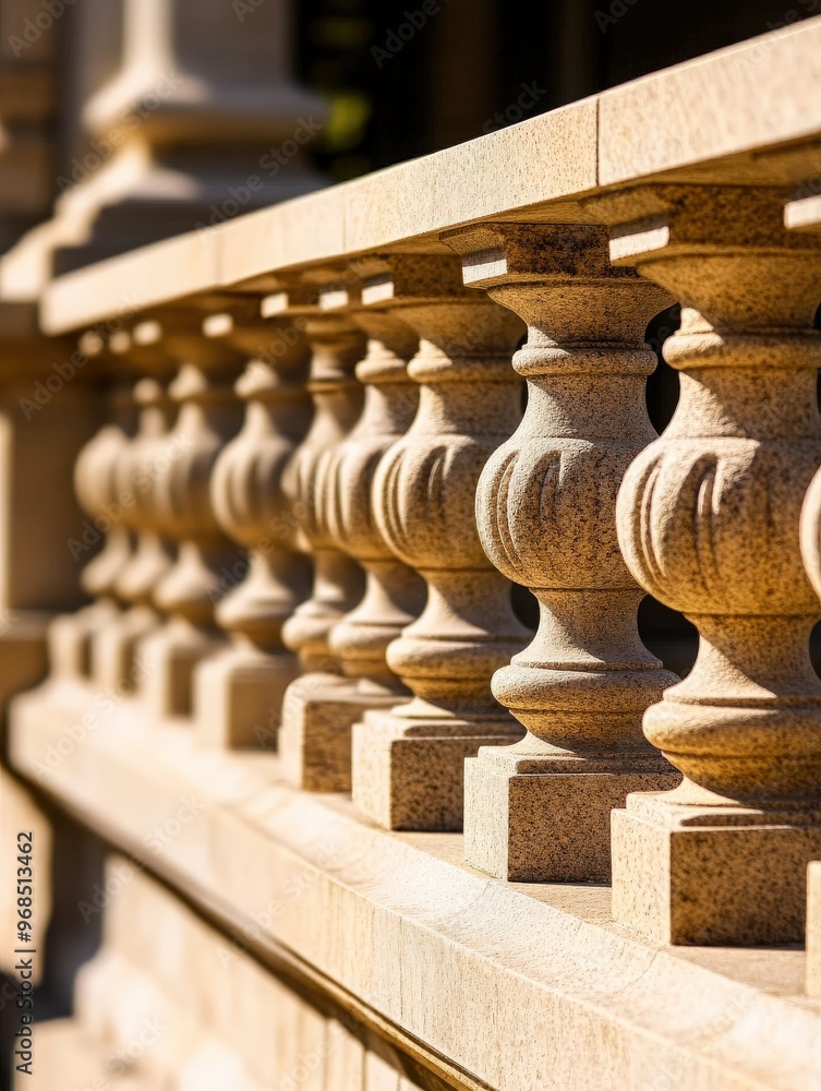 Poster close-up of a textured stone balustrade showcasing intricate patterns and architectural elegance in 