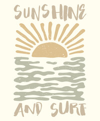 Sunshine with wave. Long beach summer time print design artwork. Beach Paradise Print t shirt graphics design, typography slogan on palm trees background. Summer beach vibes. California surfing club. © Syed