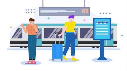Colorful illustration of travelers waiting at a train station with luggage and information board animated video