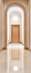 Obraz premium Elegant hallway with polished floor, arched doorway, and warm light creating a welcoming atmosphere.