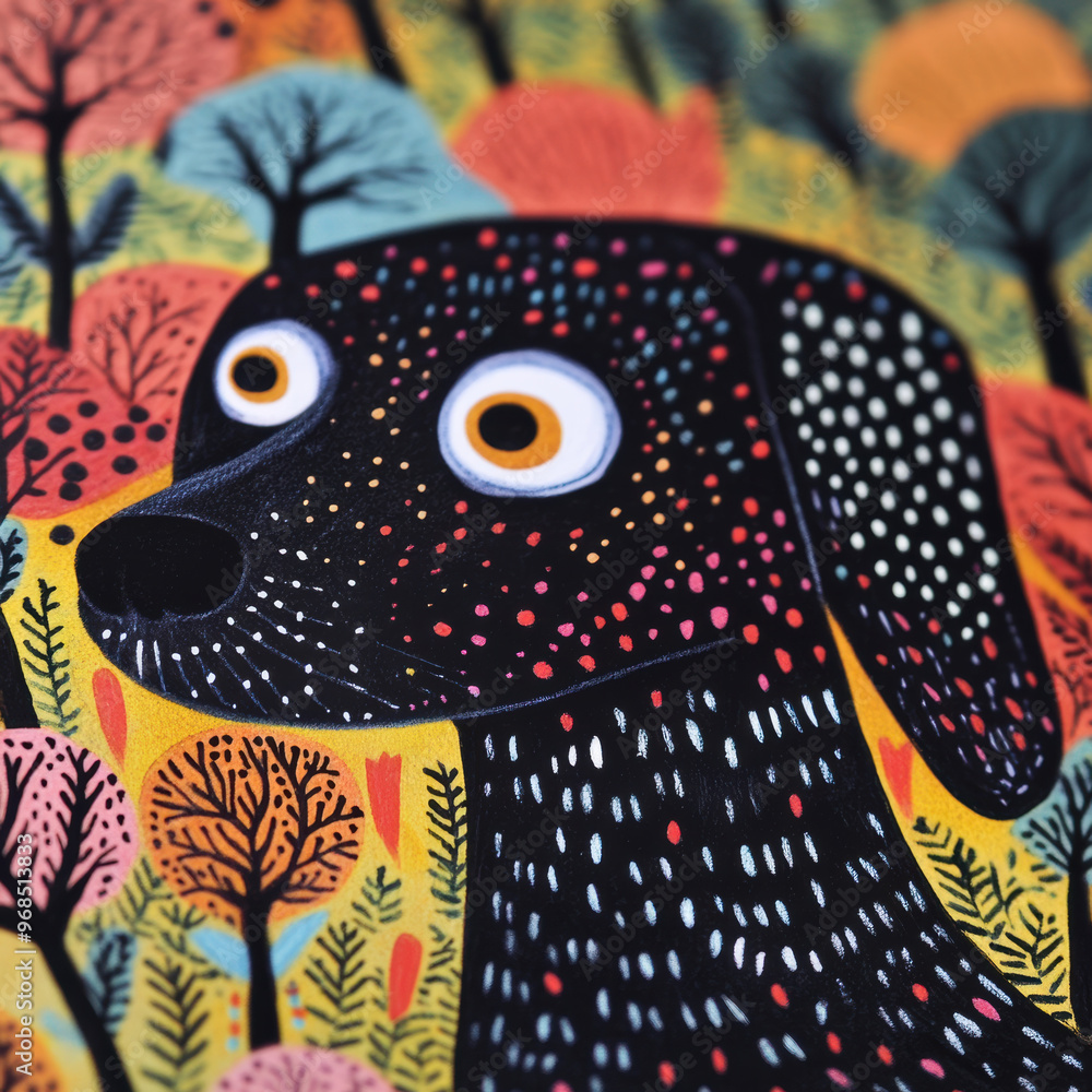 Poster a vibrant close up of stylized dog surrounded by colorful trees and foliage, showcasing playful and 