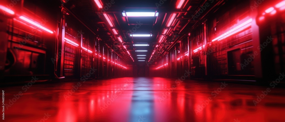Poster futuristic corridor illuminated by glowing red lights, creating a surreal atmosphere perfect for sci
