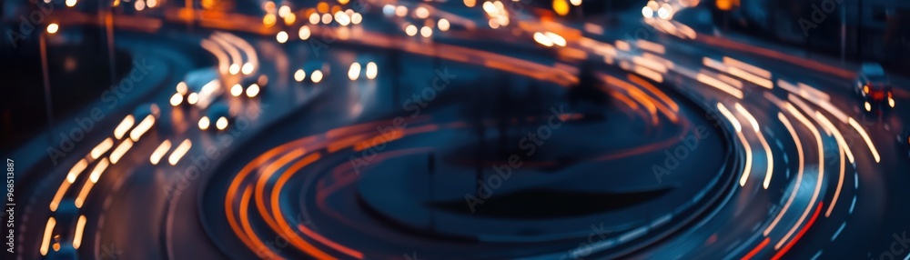 Aufkleber illuminated traffic flows along a winding road at night, creating a dynamic scene of movement and ur