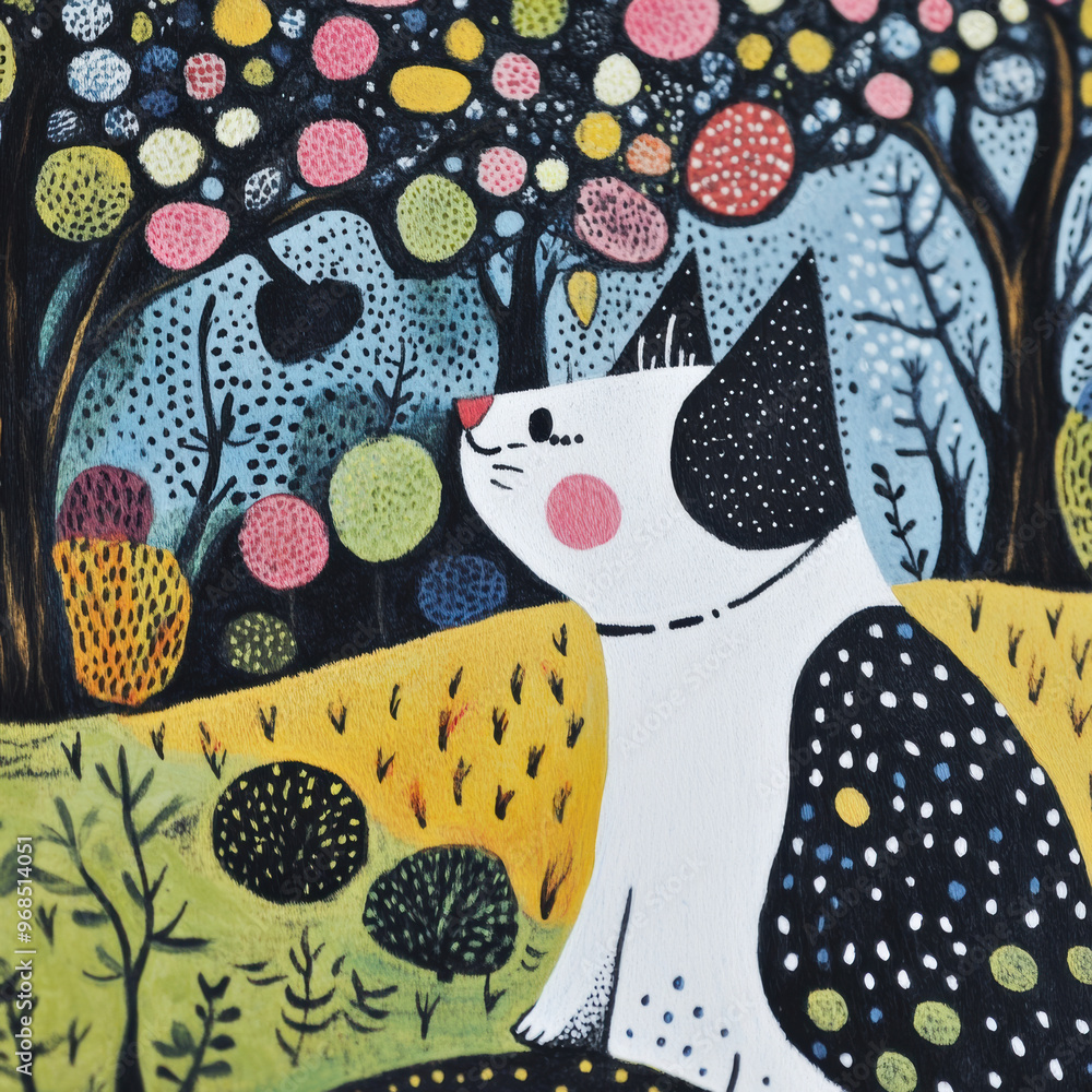 Poster a whimsical illustration of cat in vibrant field surrounded by colorful trees and playful patterns. 