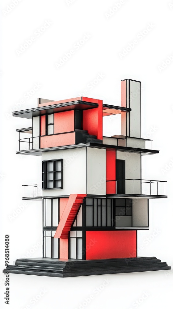 Poster modern architectural model showcasing unique design with vibrant red and white colors, featuring mul