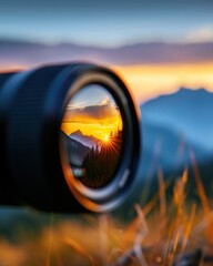 A beautiful sunset reflected in a camera lens, showcasing vibrant colors and scenic mountains in the background.