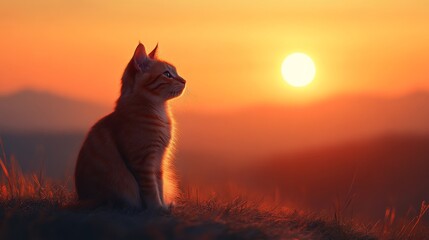 Cat watching sunset on hillside, tranquil scene. Nature and serenity concept