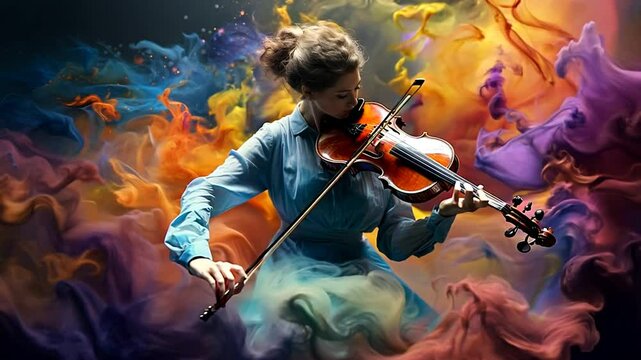 Colorful waves of energy swirl around a violinist, symbolizing the powerful connection between music and emotion