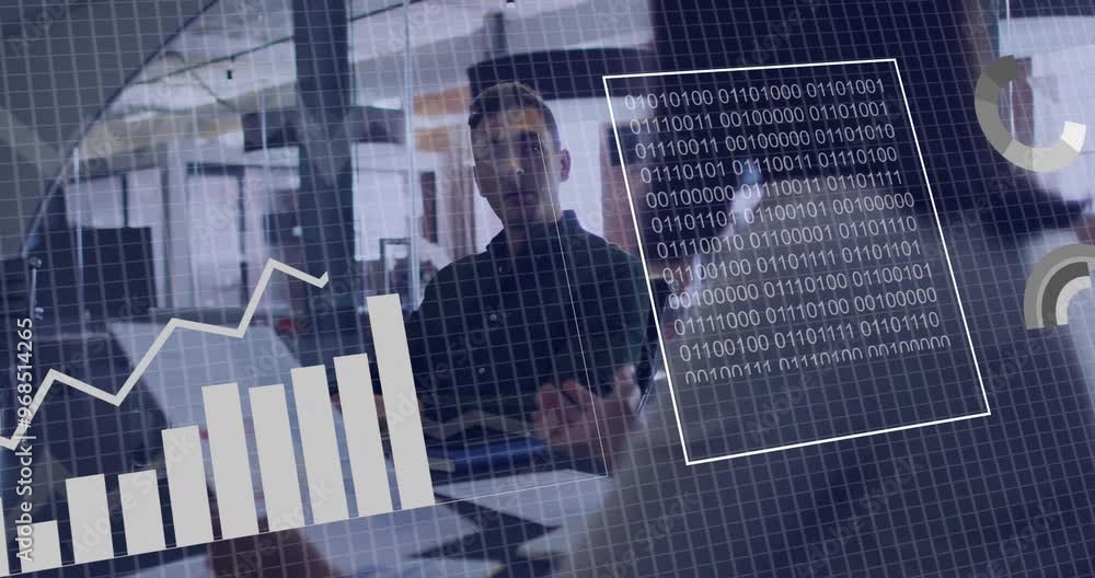 Poster animation of financial data processing over diverse colleagues working in office
