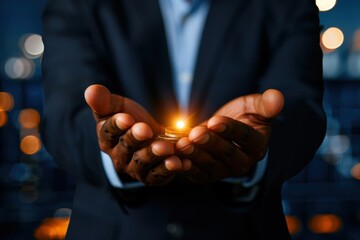 A business professional holds a glowing light in open hands, symbolizing hope, innovation, and new opportunities in a dark environment.