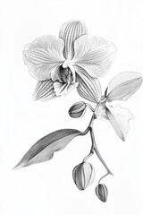 A detailed grayscale illustration of an orchid, showcasing its intricate petals and leaves. naturalism of drawing highlights beauty and elegance of this flower, evoking sense of tranquility