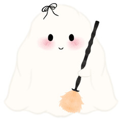 Little ghost holding a magic broom, Adorable Halloween Ghost Clipart Collection Cute Spooky Ghosts with Fun Props, Perfect for Crafts 