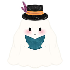 Little ghost reading a book, Adorable Halloween Ghost Clipart Collection Cute Spooky Ghosts with Fun Props, Perfect for Crafts 