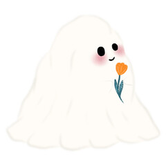 Little ghost holding a flower, Adorable Halloween Ghost Clipart Collection Cute Spooky Ghosts with Fun Props, Perfect for Crafts 