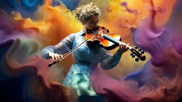 Surreal violin performance surrounded by a whirlwind of colorful patterns and flowing energy