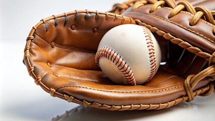 plain white background,brown baseball glove, A close up view of a brown baseball glove and a white ball on a plain white background captured with a fisheye lens