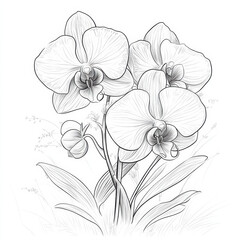Fototapeta premium Orchid flowers illustrated in detailed grayscale, showcasing their delicate petals and intricate features. This artwork captures beauty of nature in minimalist style
