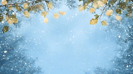 Winter Snowfall with Golden Leaves and Blue Sky