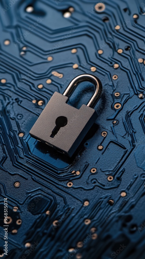 Poster a close-up image of a padlock on a blue circuit board, symbolizing cybersecurity and digital protect