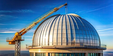 Fototapeta premium Large observatory dome with a metal crane structure minimalist, metallic, technology, steel, astronomy, modern,observatory, empty, building, science, spaciousness, crane, spacious