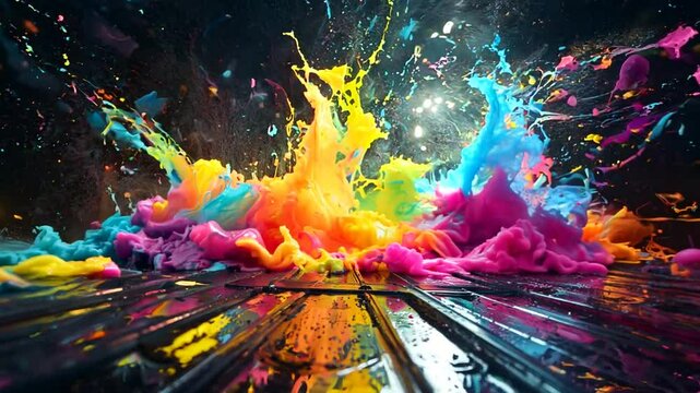 Dynamic slow-motion splash of bold colors as paint collides and scatters in a burst of creativity
