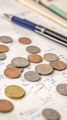 A collection of coins scattered on a notepad with a pen, symbolizing financial planning and budgeting concepts.