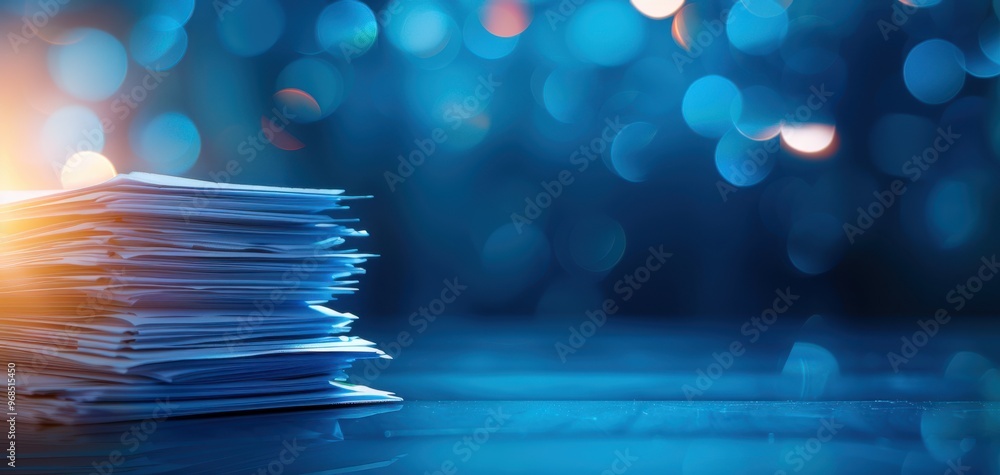 Poster A close-up of a stack of paper on a desk, illuminated by soft blue bokeh lights, creating a serene office atmosphere.