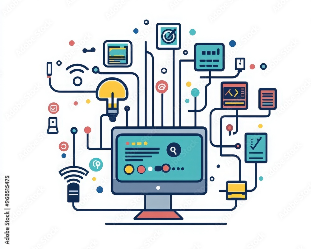 Poster a digital illustration of a computer surrounded by various technology icons and connections, symboli