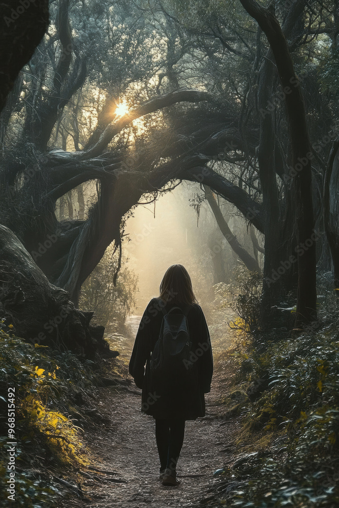Poster a person walks forward through misty forest, surrounded by tall trees and soft sunlight filtering th