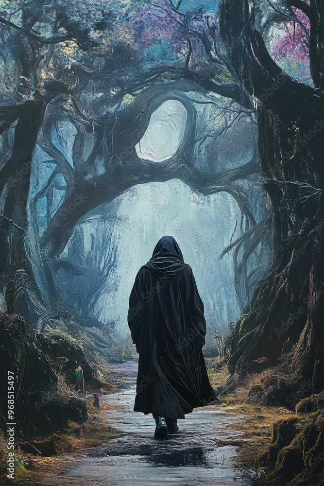 Poster a mysterious figure walks forward through foggy forest, surrounded by towering trees and ethereal li