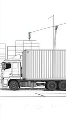 A detailed illustration of a truck transporting a shipping container at a loading dock, showcasing logistics and transportation.