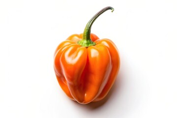 high angle, food, vibrant, vegetable, heat, seasoning, white background, vegetable, chili, close-up, An isolated high angle stock photo of a habanero orange pepper on a white background