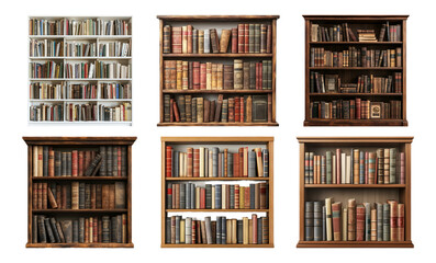 Various Bookshelves Filled with Antique and Modern Books on Transparent Checkered Background