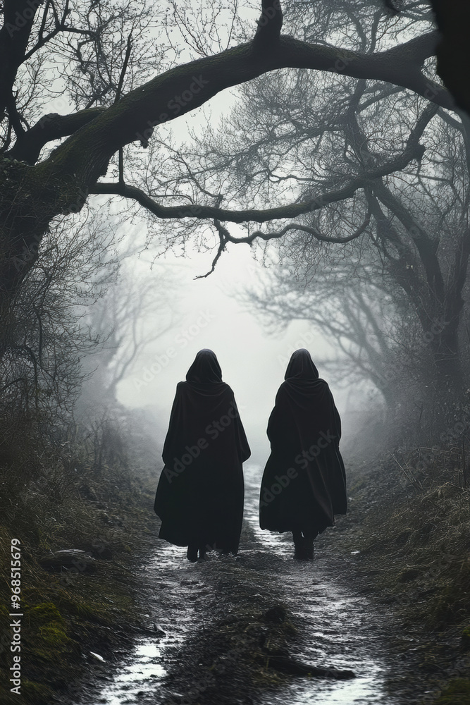 Poster mysterious figures walk forward through foggy forest path, surrounded by dark trees and an eerie atm