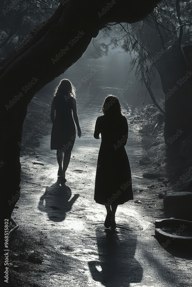 Poster two women walk forward through misty forest path, illuminated by soft light filtering through trees,