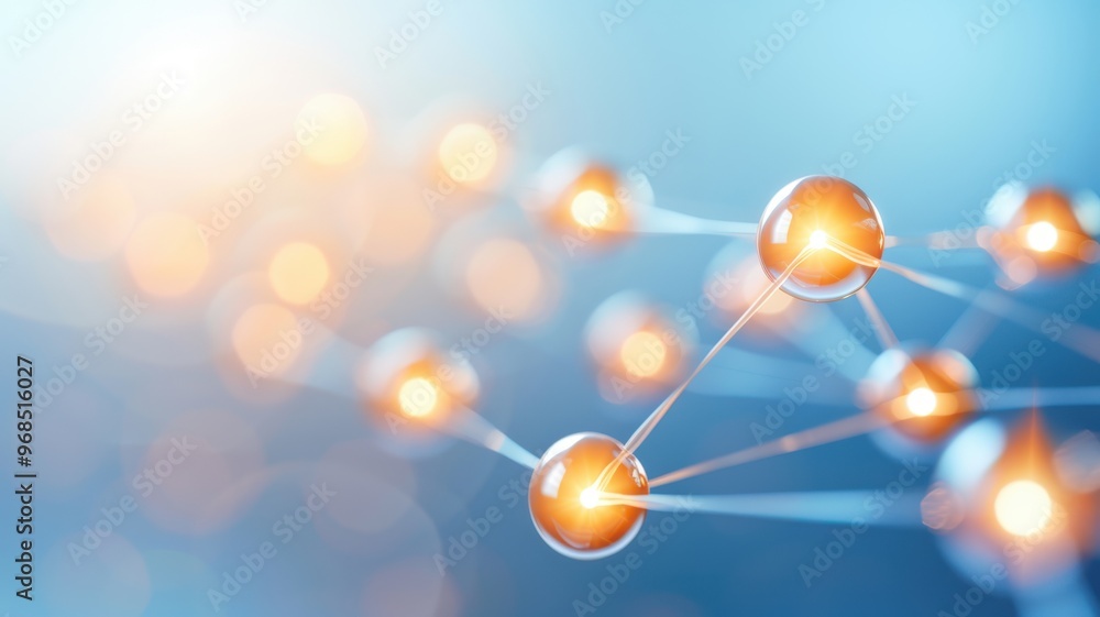 Poster a close-up of glowing molecular structures against a soft blue background, representing science and 