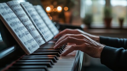 A detailed shot of fingers pressing piano keys, with sheet music in view, highlighting the expression and skill of the pianist