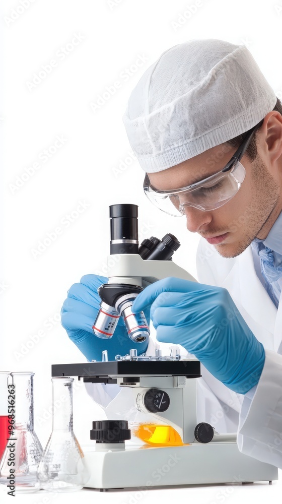 Poster a scientist examining samples under a microscope in a laboratory, showcasing dedication and precisio