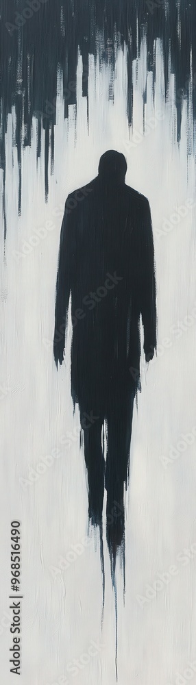 Poster a shadowy figure walking through a misty background, creating an aura of mystery and intrigue. perfe